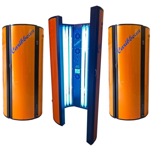 Caribbean Standup Tanning Units shown closed and open. Available for Hire and Sale from Bronze Age, Letterkenny, County Donegal, Ireland - new stand up tanning unit for safety and maximum effect