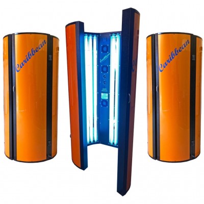 Caribbean Standup Tanning Units shown closed and open. Available to buy for home tanning from Bronze Age, Letterkenny, County Donegal, Ireland - new stand up tanning unit for safety and maximum effect